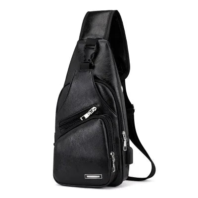 Black Crossbody waterproof Leather Men's Money bag with usb