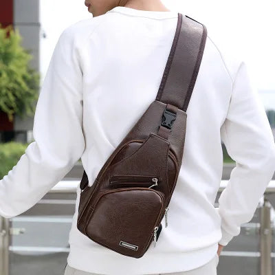 Dark Brown Crossbody waterproof Leather Men's Money bag with usb